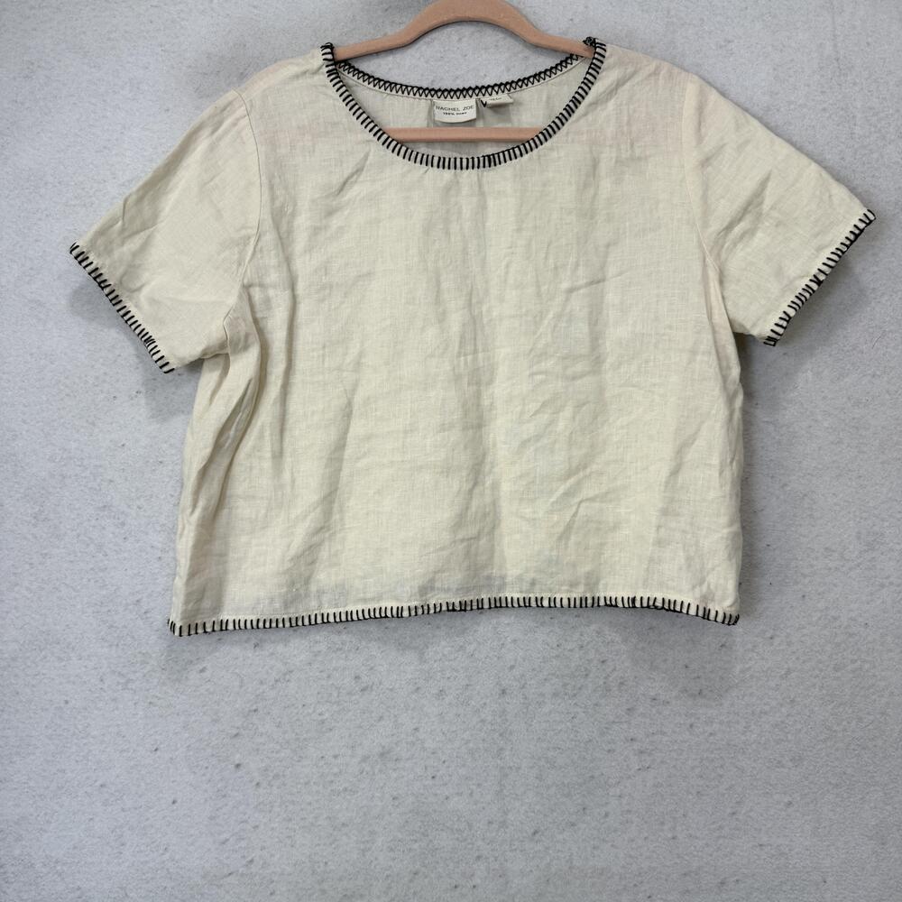 Rachel Zoe Blouse Womens Large White 100% Linen Short Sleeve Trim Top Casual